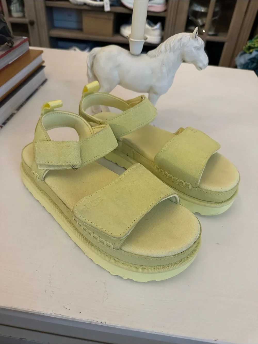 NWOT UGG Women's Goldenstar Suede Platform Velcro Sandal in Lemon Yellow - 7